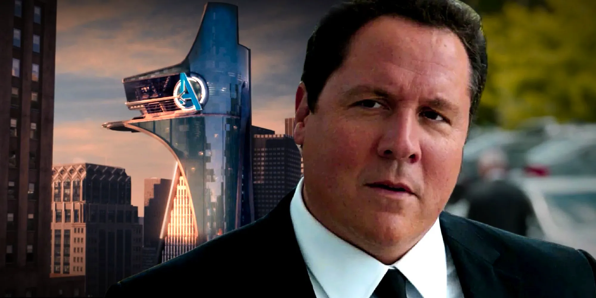 Happy Hogan speaks with Tony Stark in Iron Man 3 and the Avengers Tower shines in NYC in Spider-Man Homecoming Image