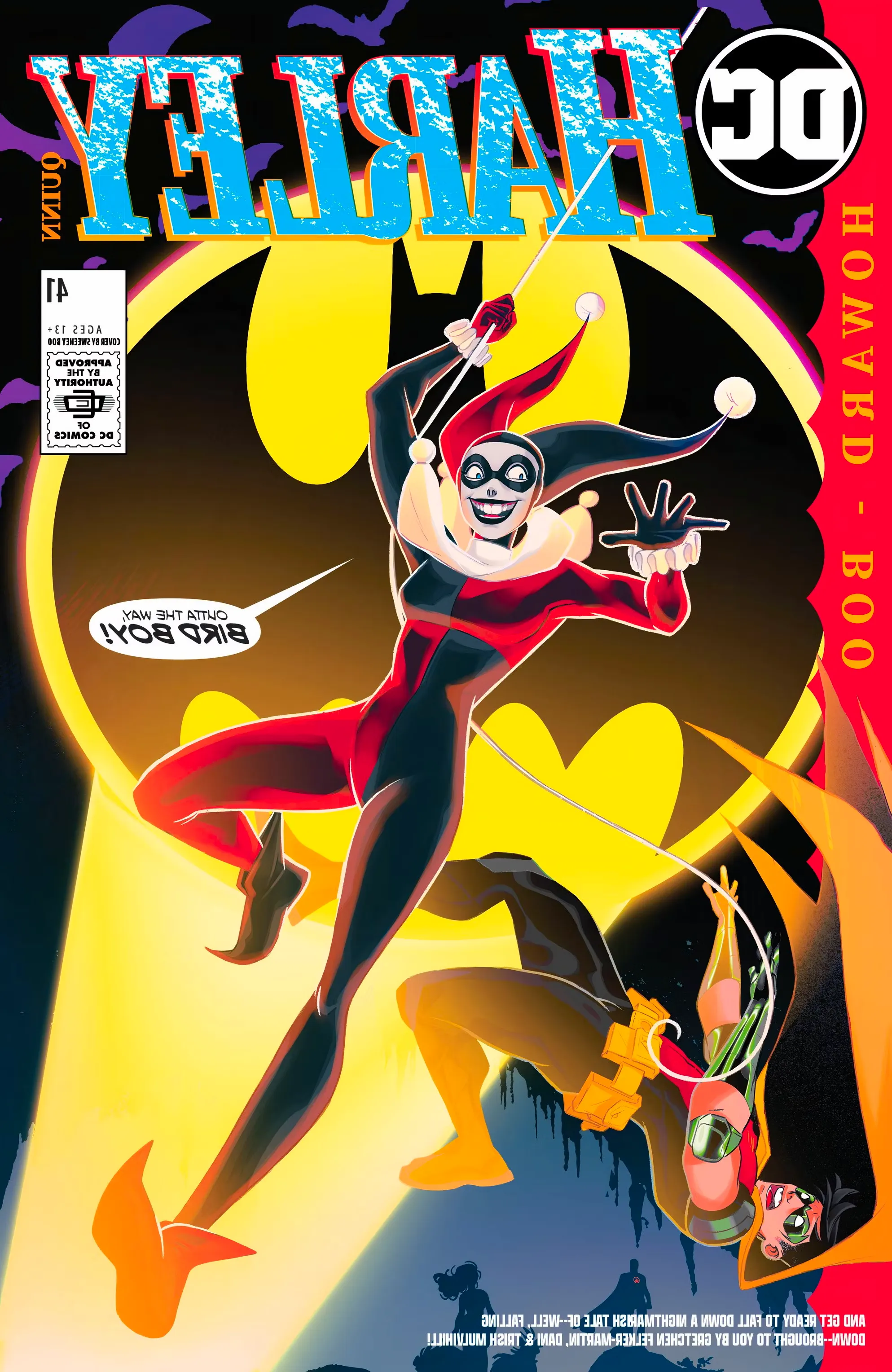 Harley Quinn 41 Main Cover: Harley Quinn leaping in front of the Bat-Symbol, knocking over Robin Tim Drake. Image