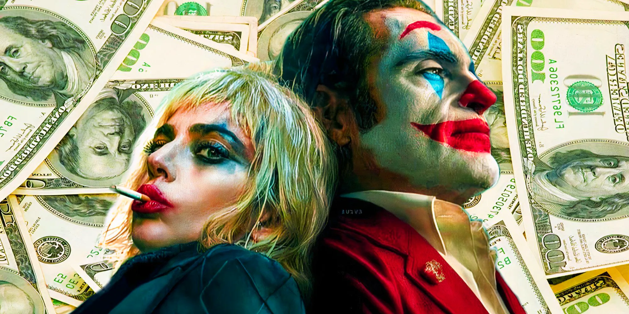 Harley Quinn and Joker from Joker: Folie à Deux (2024) above a background of dollar bills Image