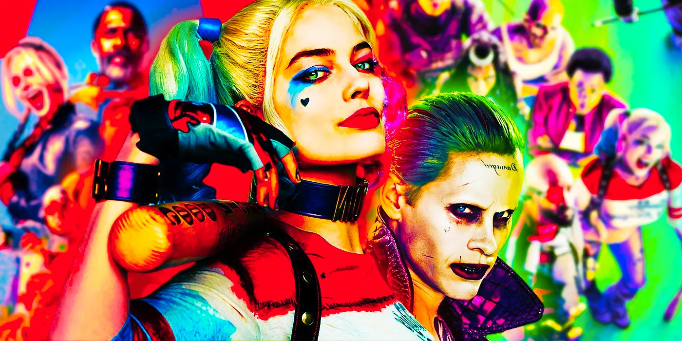 Harley Quinn and the Joker from Suicide Squad with the blurred posters of 2021's The Suicide Squad and 2016's Suicide Squad in the background Image