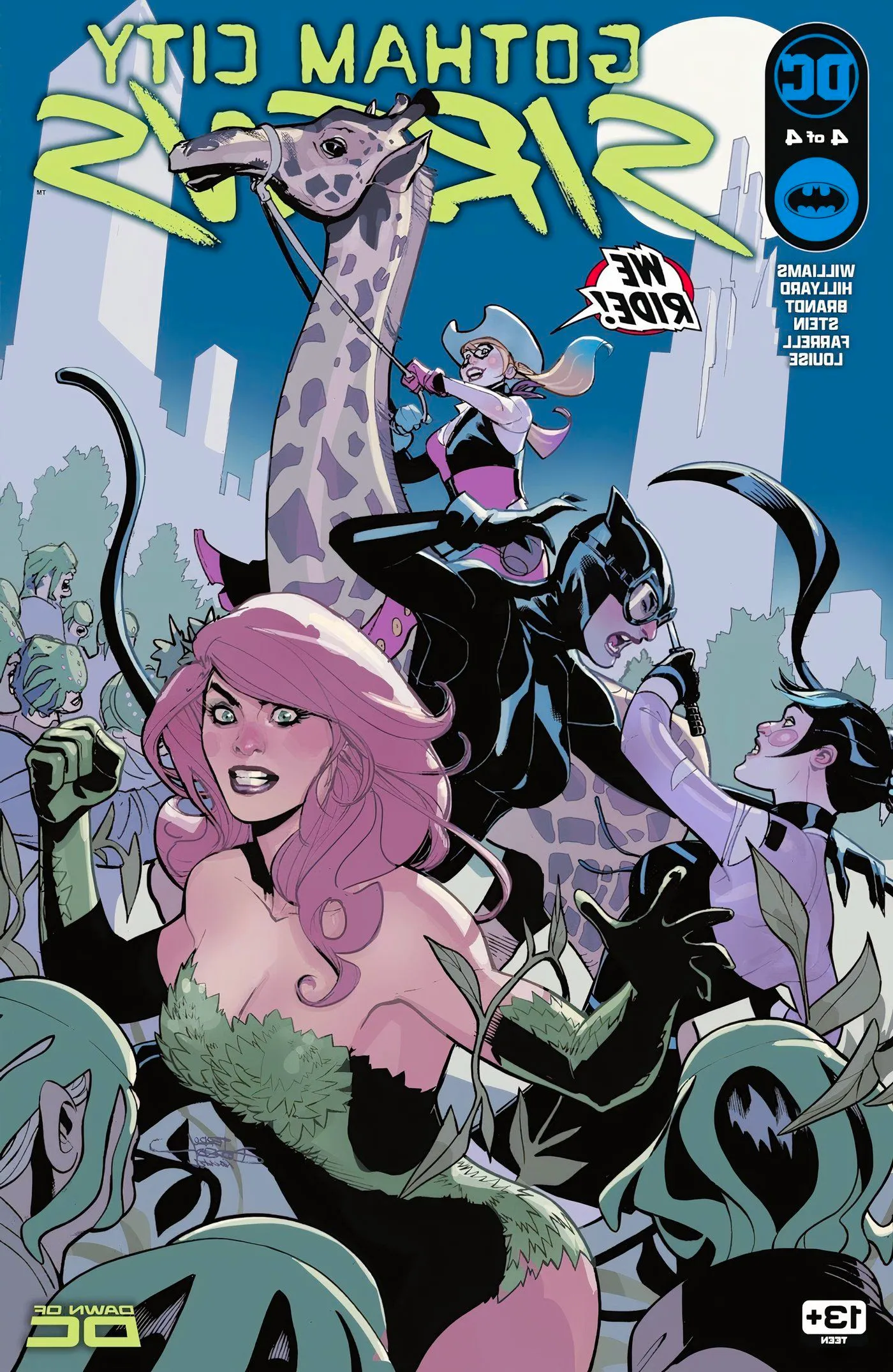 Harley Quinn, Catwoman, and Poison Ivy fight Punchline as Harley rides a giraffe Image