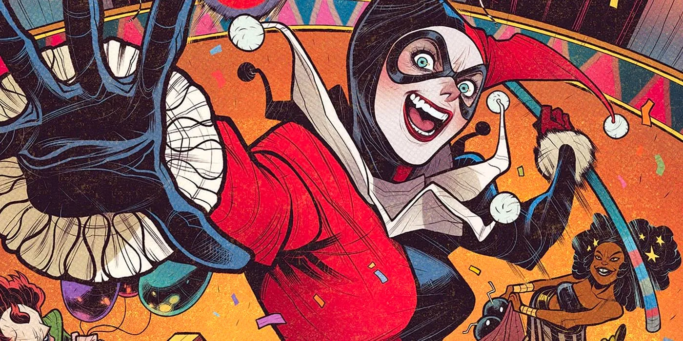 Harley Quinn in her classic jester outfit, rearing back with a baton to strike the reader Image