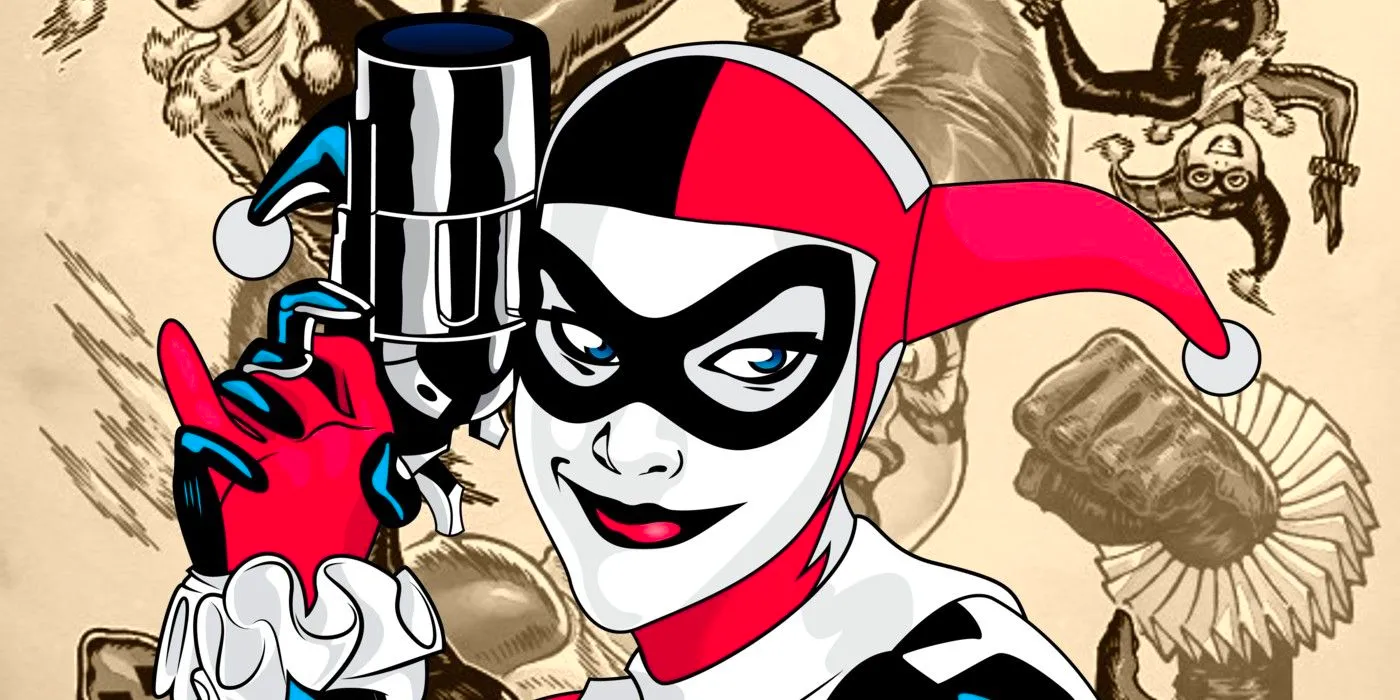 Harley Quinn in her jester suit over a background of Harley Quinns in assorted poses Image