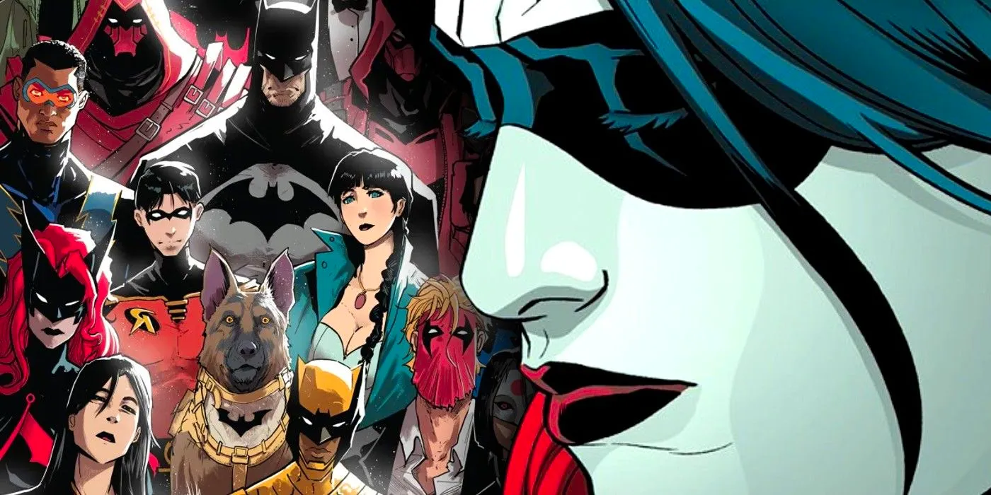 harley quinn looking sad in front of the bat-family Image