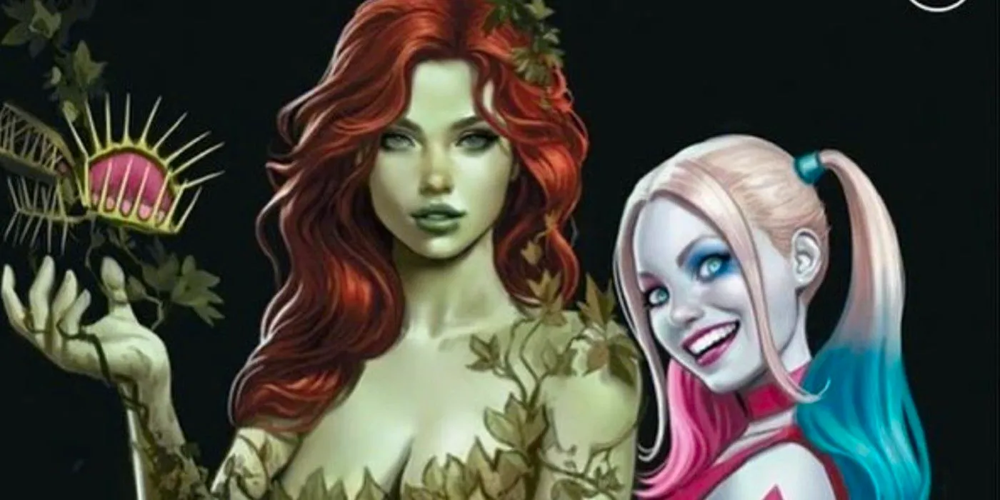 Harley Quinn, smiling, stands next to Poison Ivy, looking forward as the botanical villainess holds a venus flytrap in her hand. Image