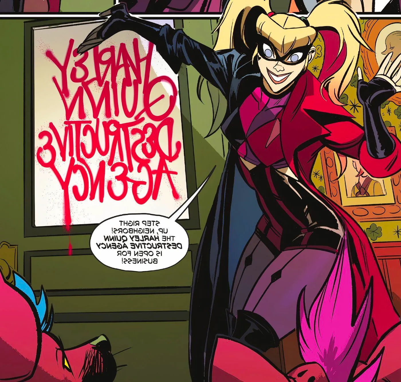 Harley Quinn wears a new red and black costume as a callback to her classic look as she opens her Harley Quinn Destructive Agency Image