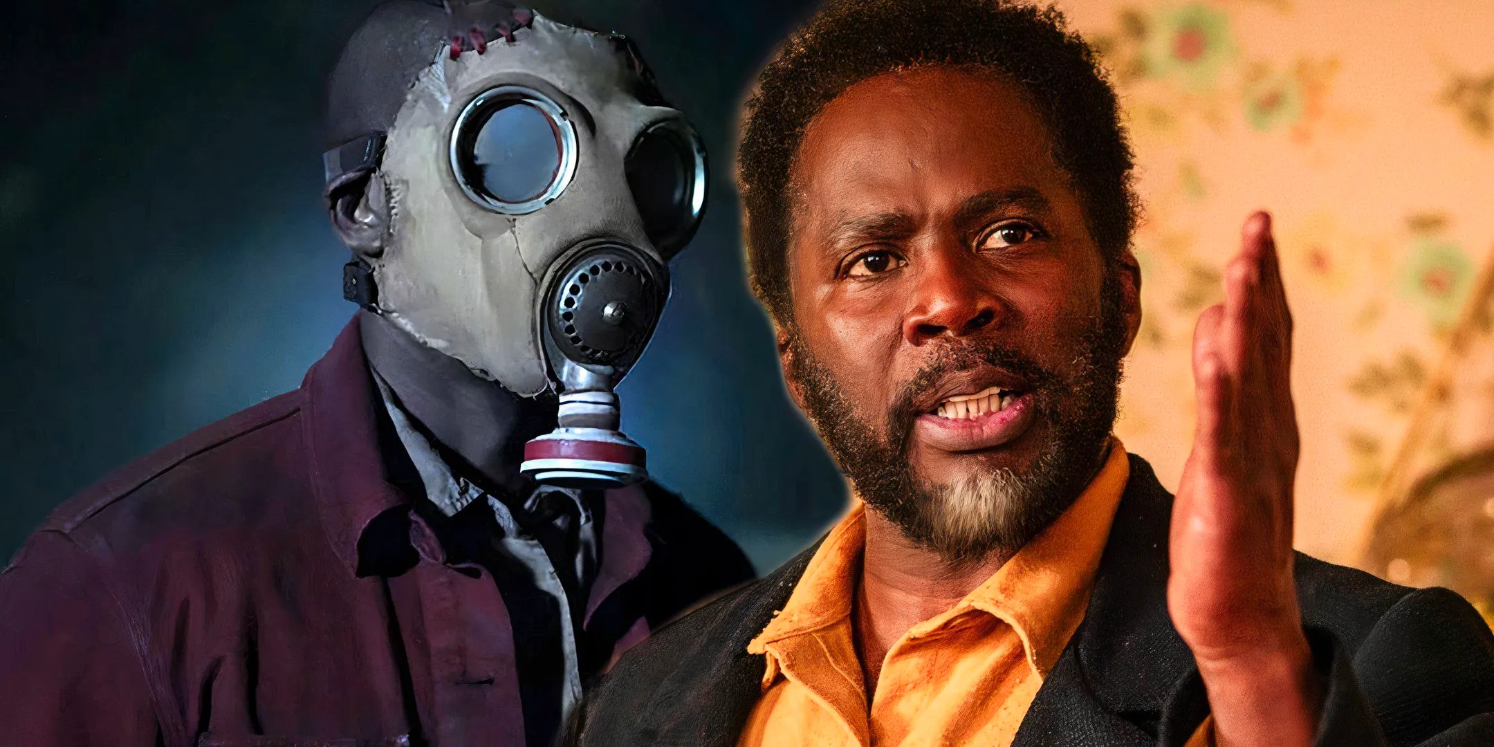 Harold Perrineau as Boyd speaking in From next to Rob Morgan as McNab wearing a gas mask and standing in the field at night in Teacup Image