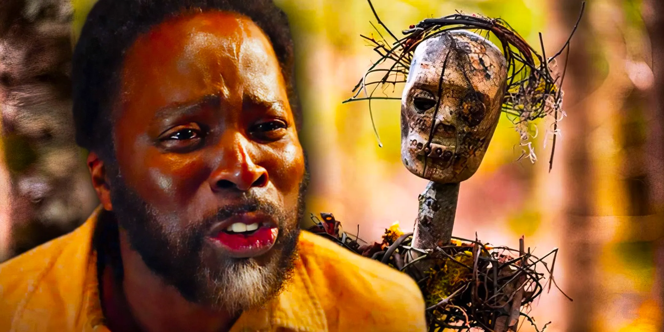 Harold Perrineau as Boyd Stevens looking sad with one of the wooden statues in From season 3 Image