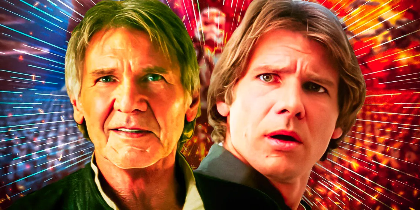 Harrison Ford as Han Solo in The Empire Strikes Back and The Force Awakens, edited together Image