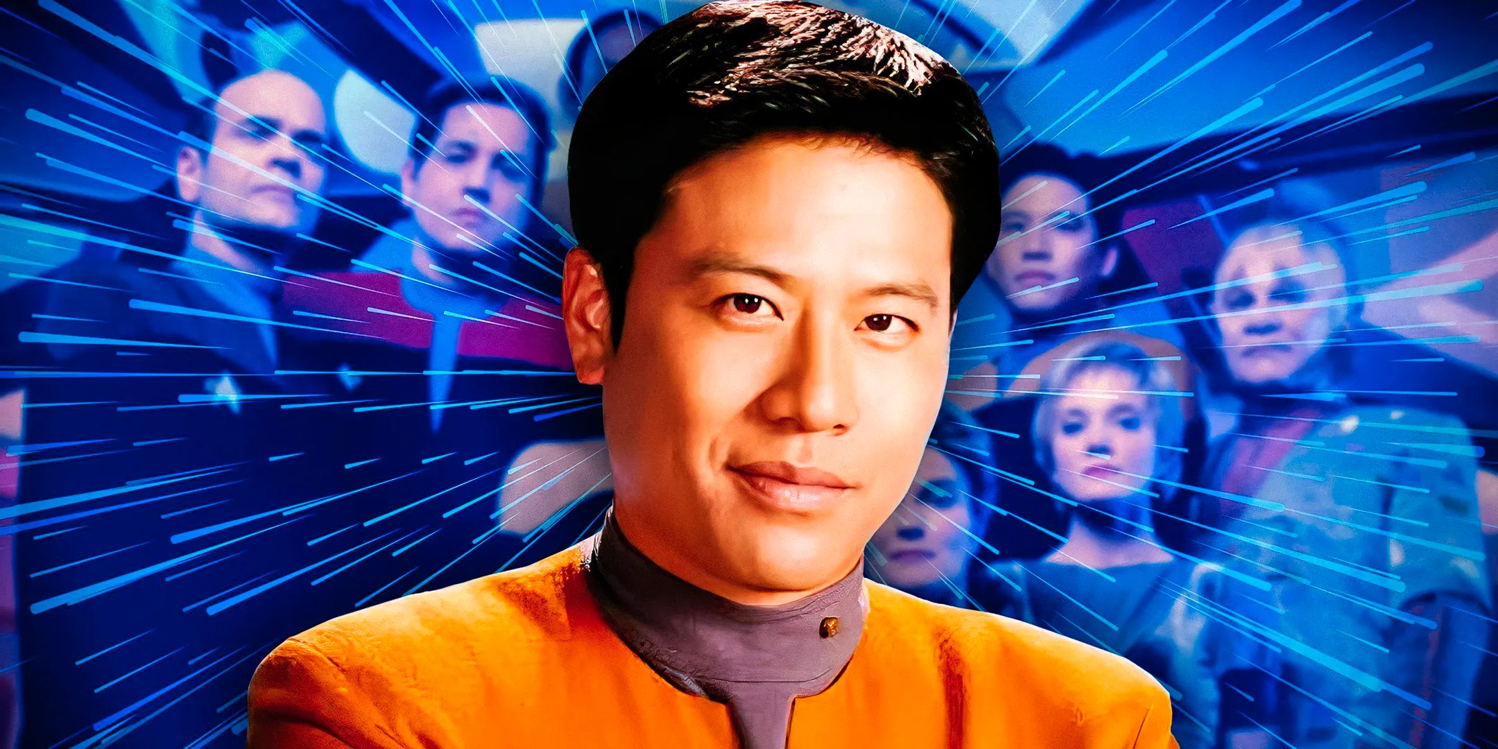 Harry Kim (Garrett Wang) from Star Trek: Voyager with the Voyager season 3 cast in the background. Image