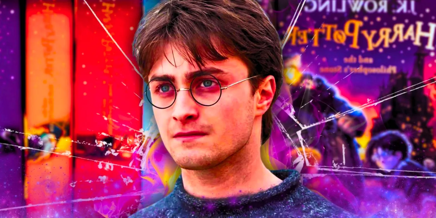 Harry Potter (Daniel Radcliffe) standing in front of shattered glass and the Harry Potter and the Philosopher's Stone cover Image