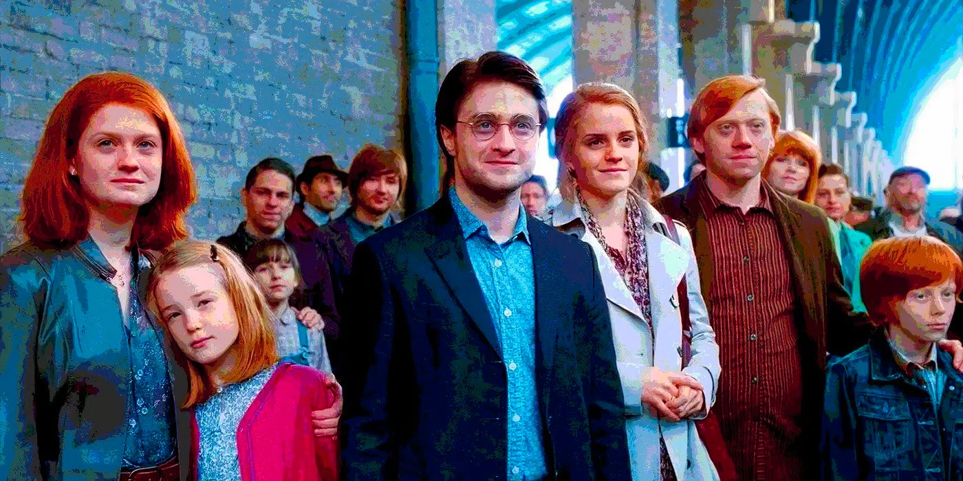 Harry Potter Epilogue featuring an older Harry Potter (Daniel Radcliffe), Ron Weasley (Rupert Grint), Hermione Granger (Emma Watson), and Ginny Weasley (Bonnie Wright) Image