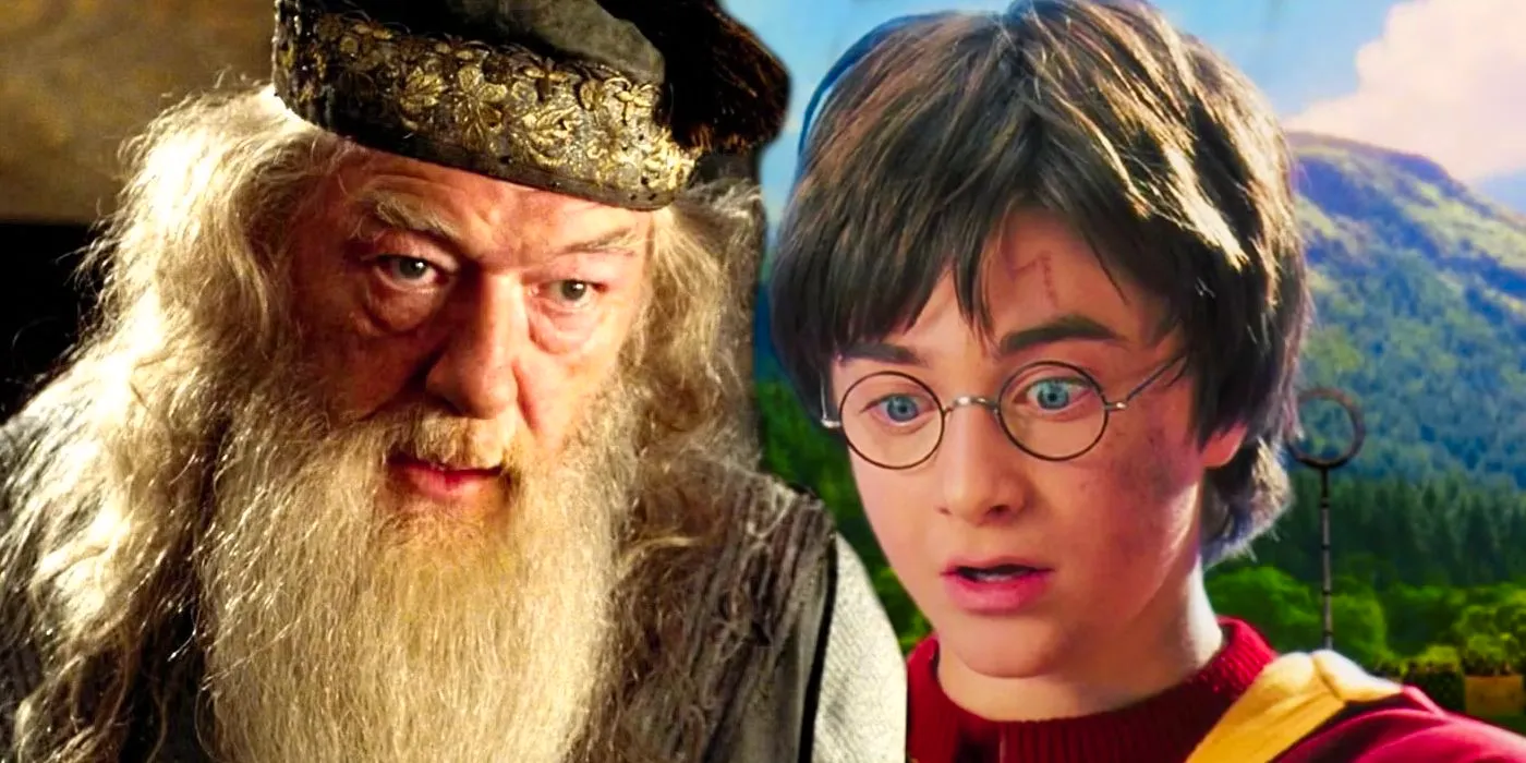 Harry Potter looking shocked while playing Quidditch and Albus Dumbledore speaking in the Harry Potter movies. Image