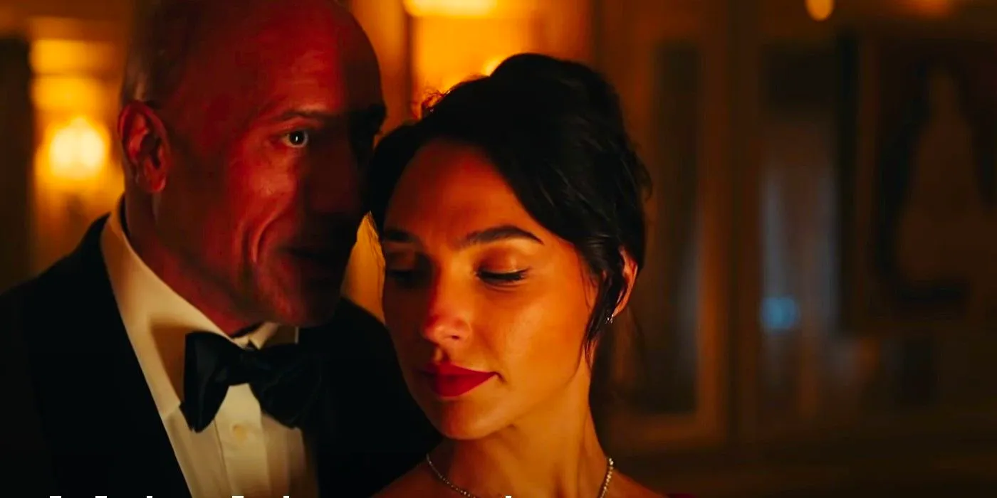 Hartley (Dwayne Johnson) and Black (Gal Gadot) dancing in Red Notice. Image