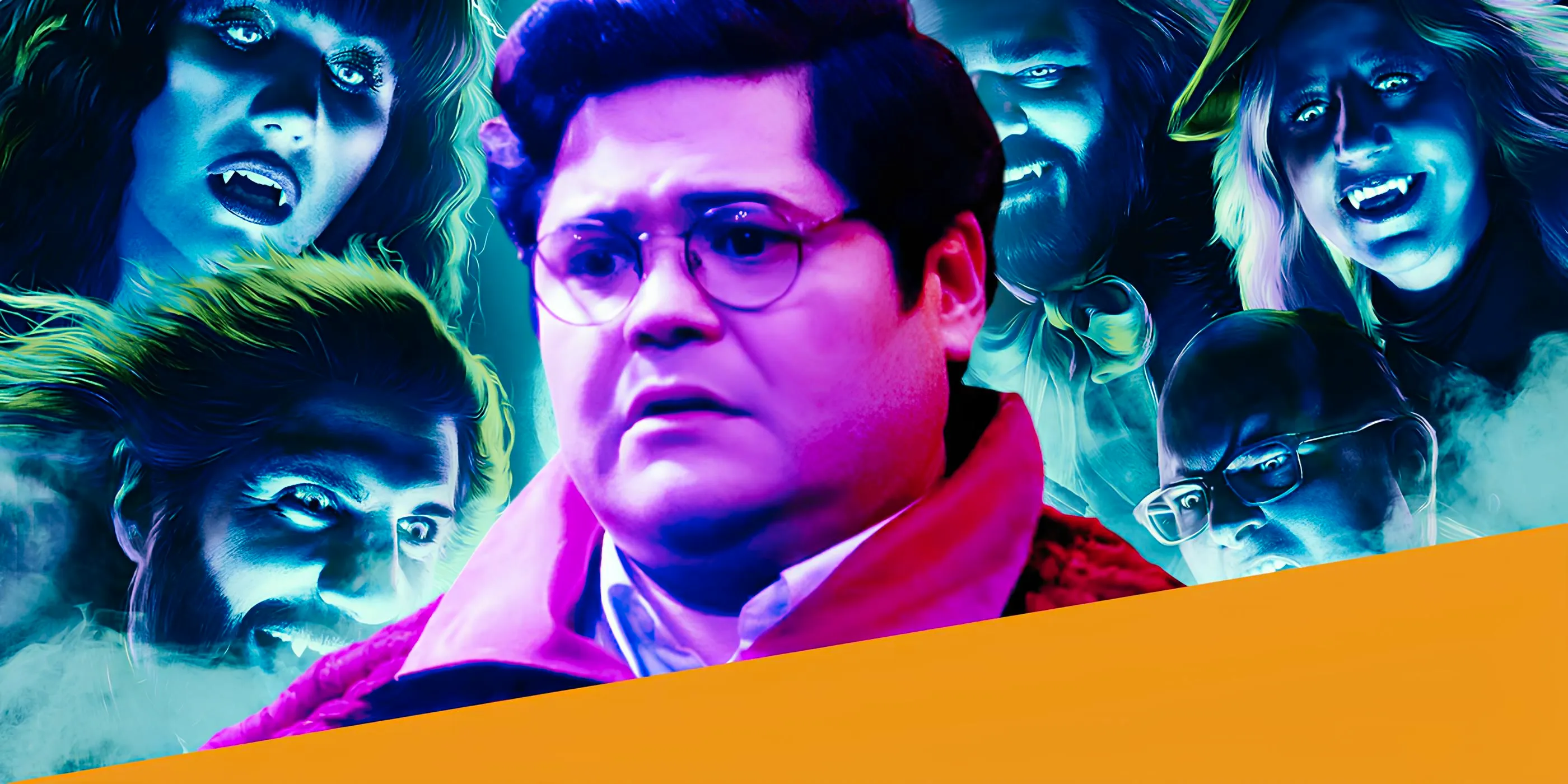 Harvey Guillen as Guillermo in Front of a What We Do in the Shadows Poster Image