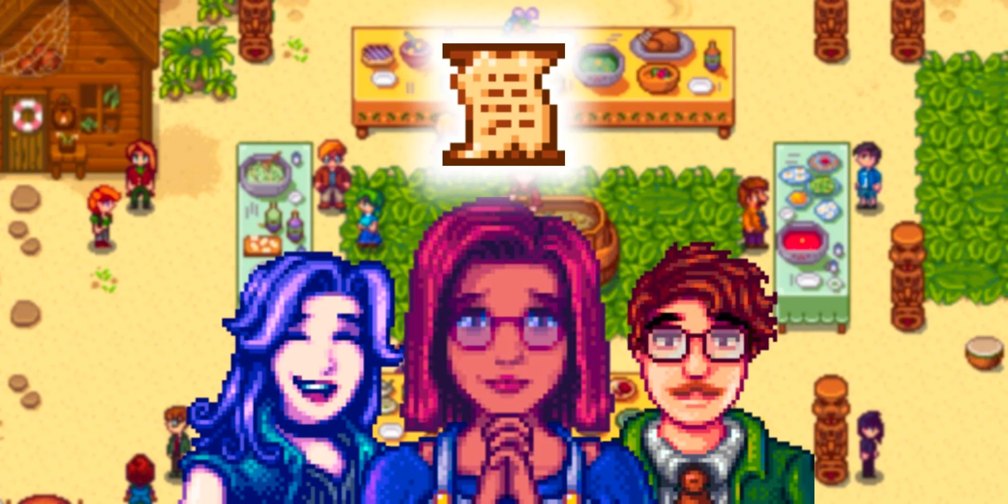 Harvey, Maru, and Abigail from Stardew Valley smiling in front of a screenshot of the Luau event. Over Maru's head is a shining Secret Note icon. Image