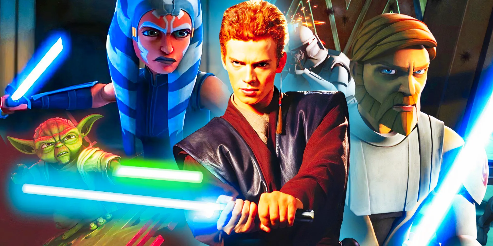 Hayden Christensen as Anakin from the prequels (2002) with Ahsoka, Obi-Wan & Yoda from The Clone Wars (2008-2020) Image