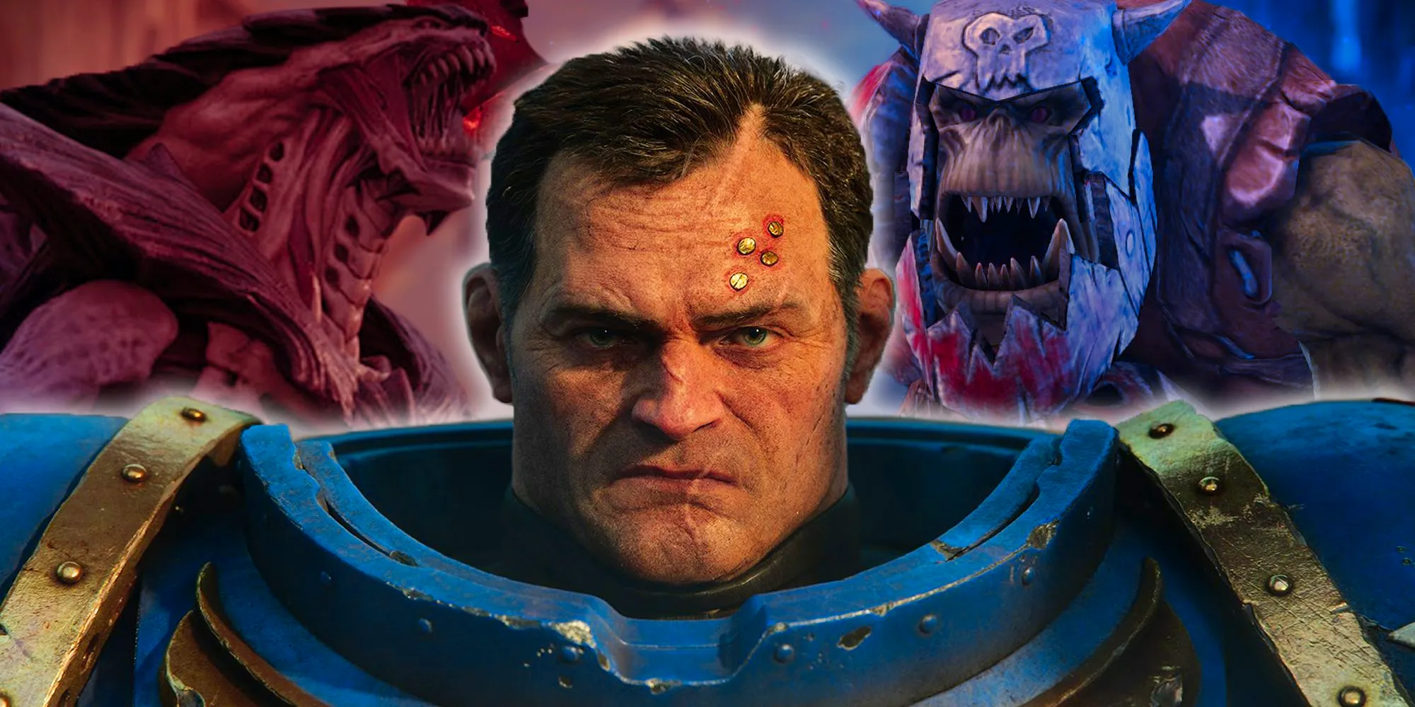 Headshot of the Warhamemr 40,000: Space Marine 2 protagonist with his helmet off staring at the camera, while an Orc and Tyranid yell behind him. Image