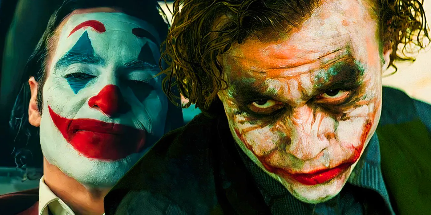 Heath Ledger and Joaquin Phoenix as different Jokers in The Dark Knight and Joker Folie à Deux Image