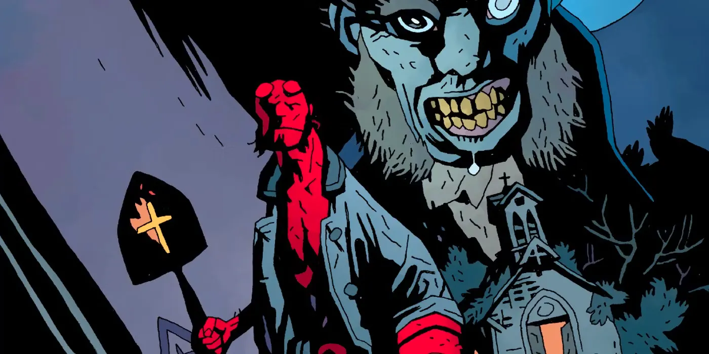 Hellboy holds a shovel with a cross on it as the Crooked Man looms over a church in The Hellboy Comics Image