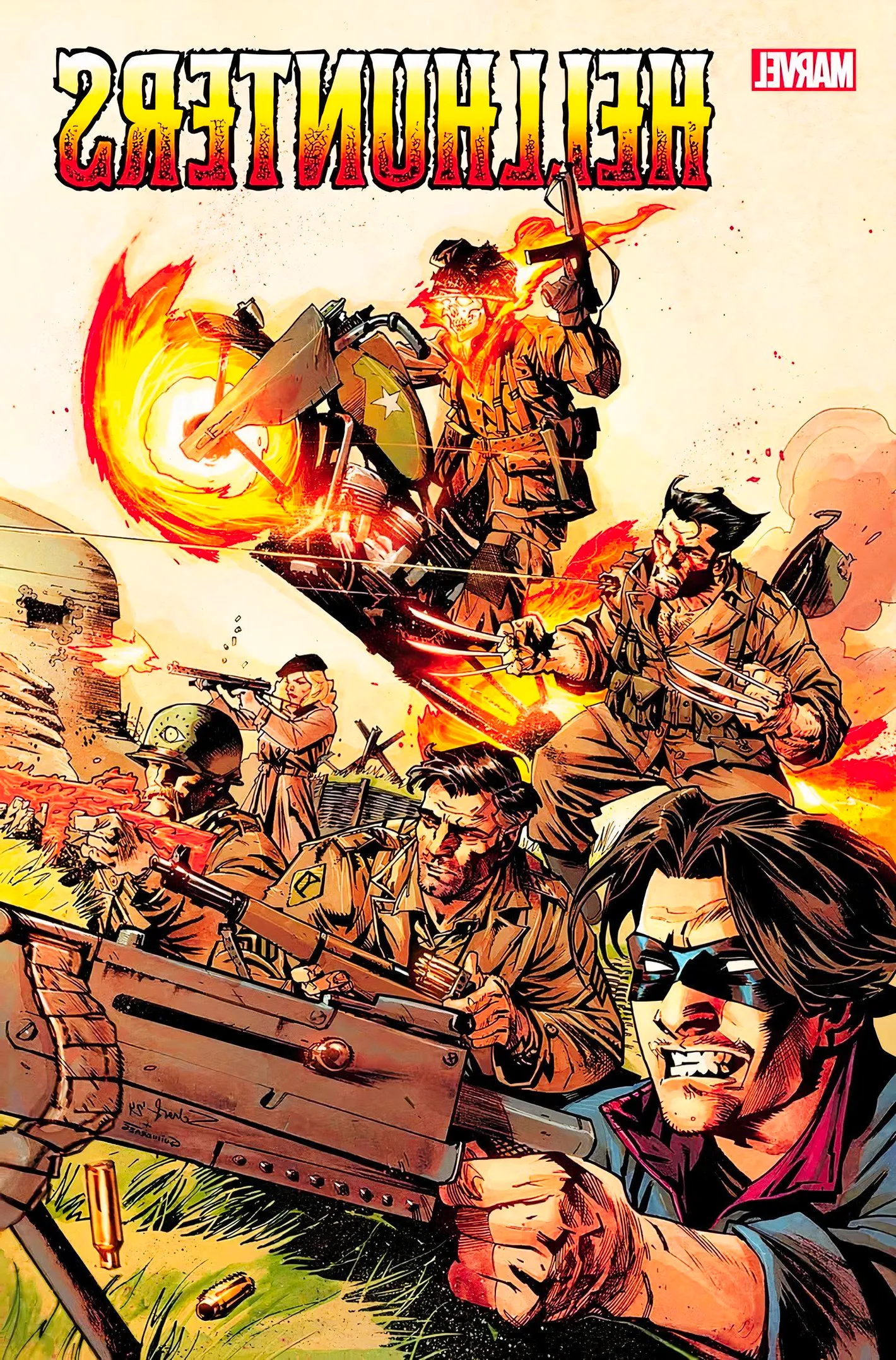 Hellhunters #1 cover, featuring WWII-era Wolverine and Ghost Rider rushing into battle Image