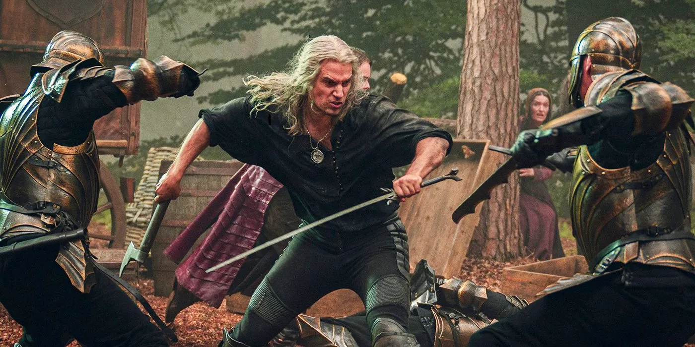 Henry Cavill as Geralt fighting with soldiers in The Witcher season 3 part 2  Image