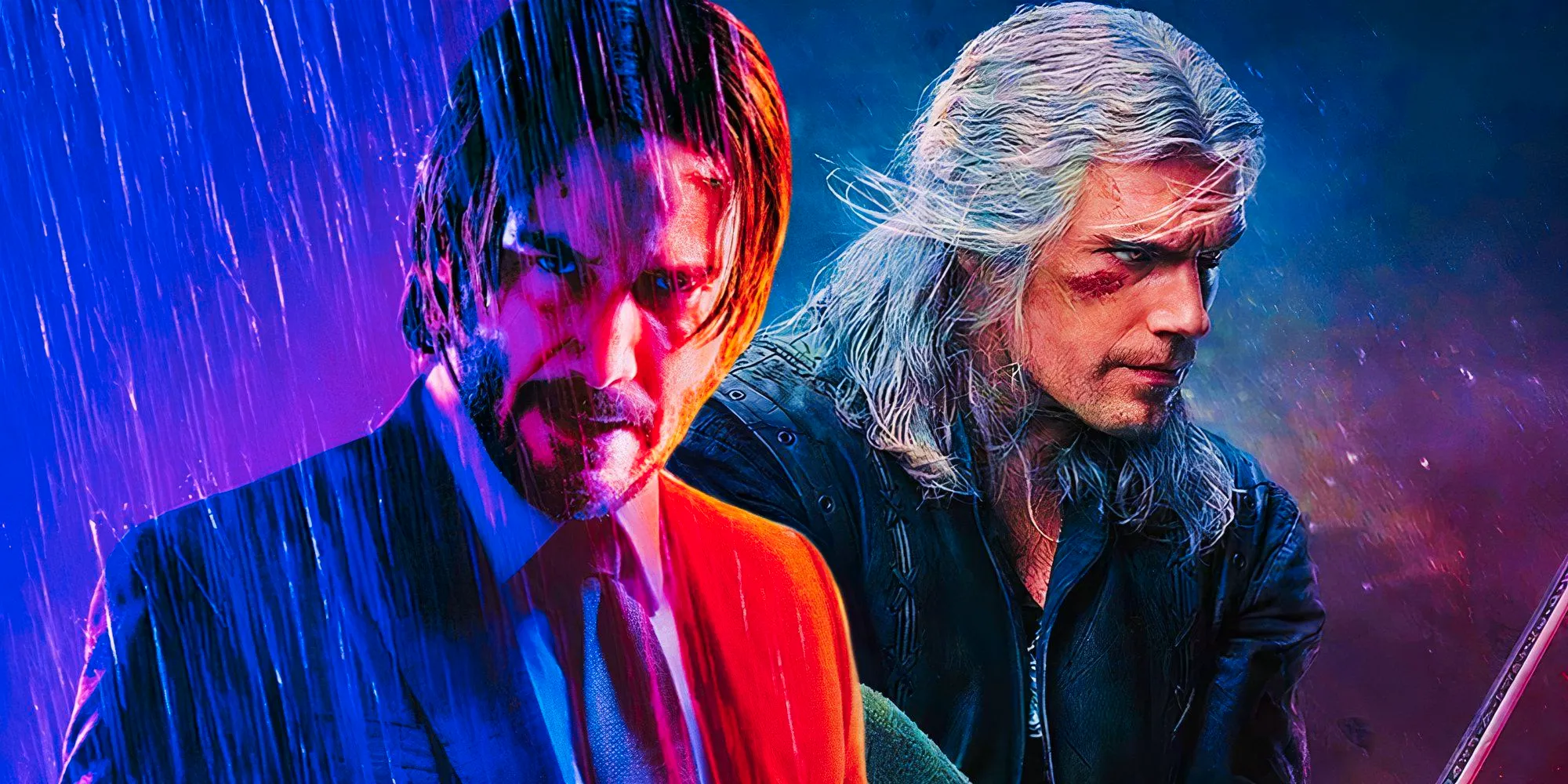 Henry Cavill as Geralt in the poster for The Witcher season 3 (2023) next to Keanu Reeves as John Wick from John Wick: Chapter 4 (2023) Image