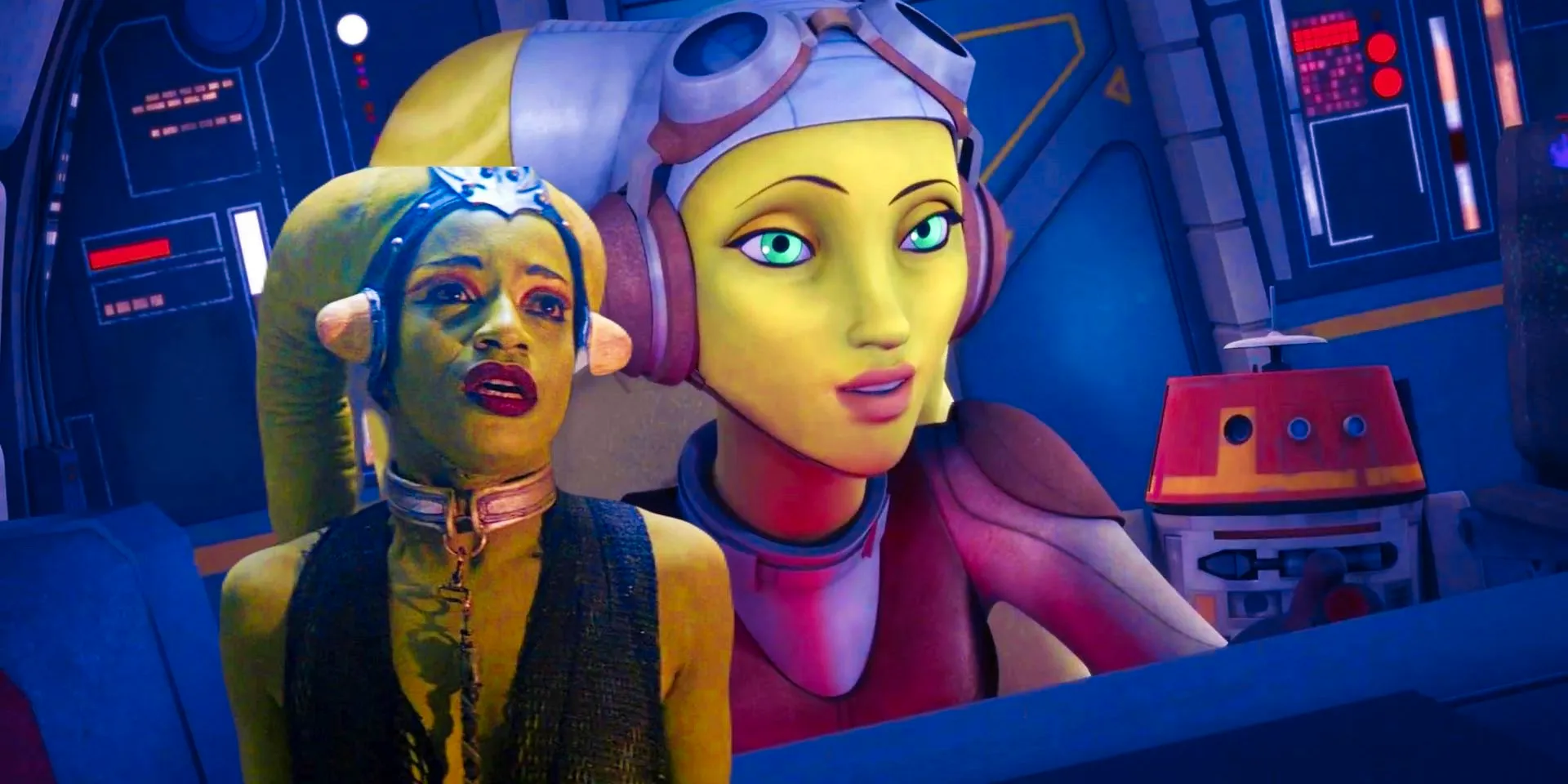 Hera flying the Ghost with Chopper behind her from Star Wars Rebels in the background with Oola from Return of the Jedi in the foreground Image