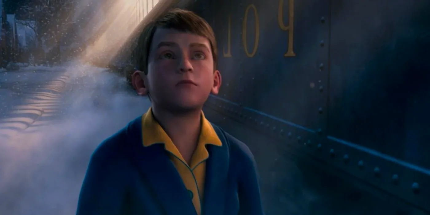 Hero Boy looking up next to the train in The Polar Express Image