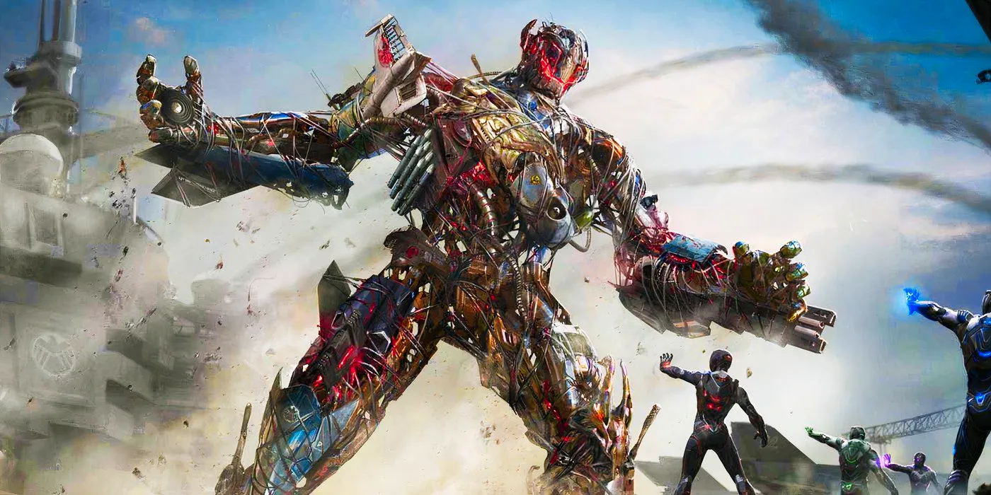 Heroes fighting a huge Ultron in Avengers Damage Control Image