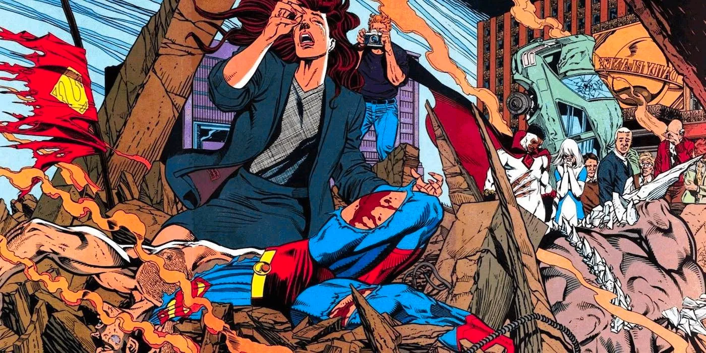 Heroes weep over Superman's body in The Death of Superman comic Image