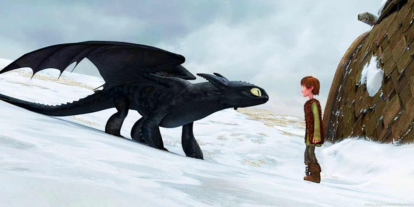 Hiccup and Toothless facing each other on a snowy landscape in How to Train Your Dragon Image