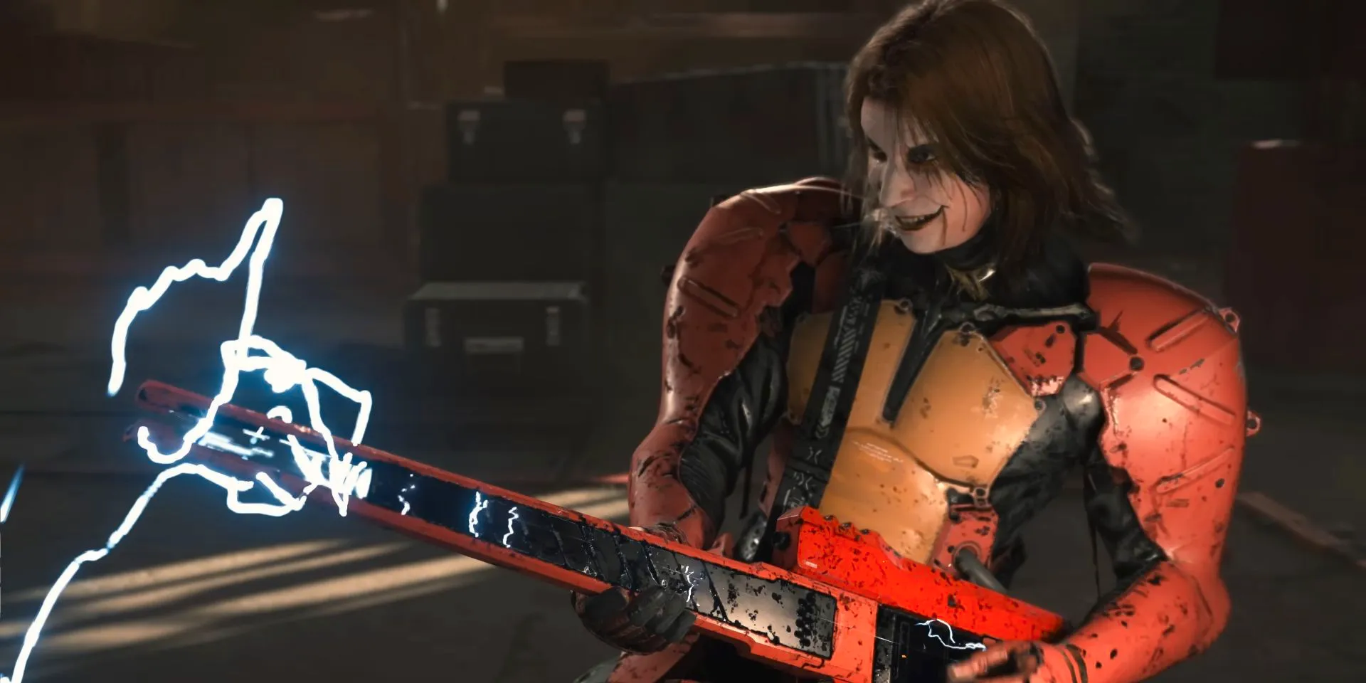 Higgs in full Joker makeup shreds a solo on his electric guitar, lightning bolts crackling around the neck in a screenshot from Death Stranding 2. Image