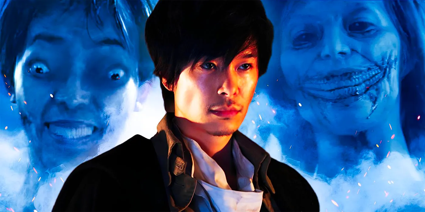  Hiroki Hasegawa as Shikishima in the live-action Attack on Titan movie with two scary Titans in the background Image