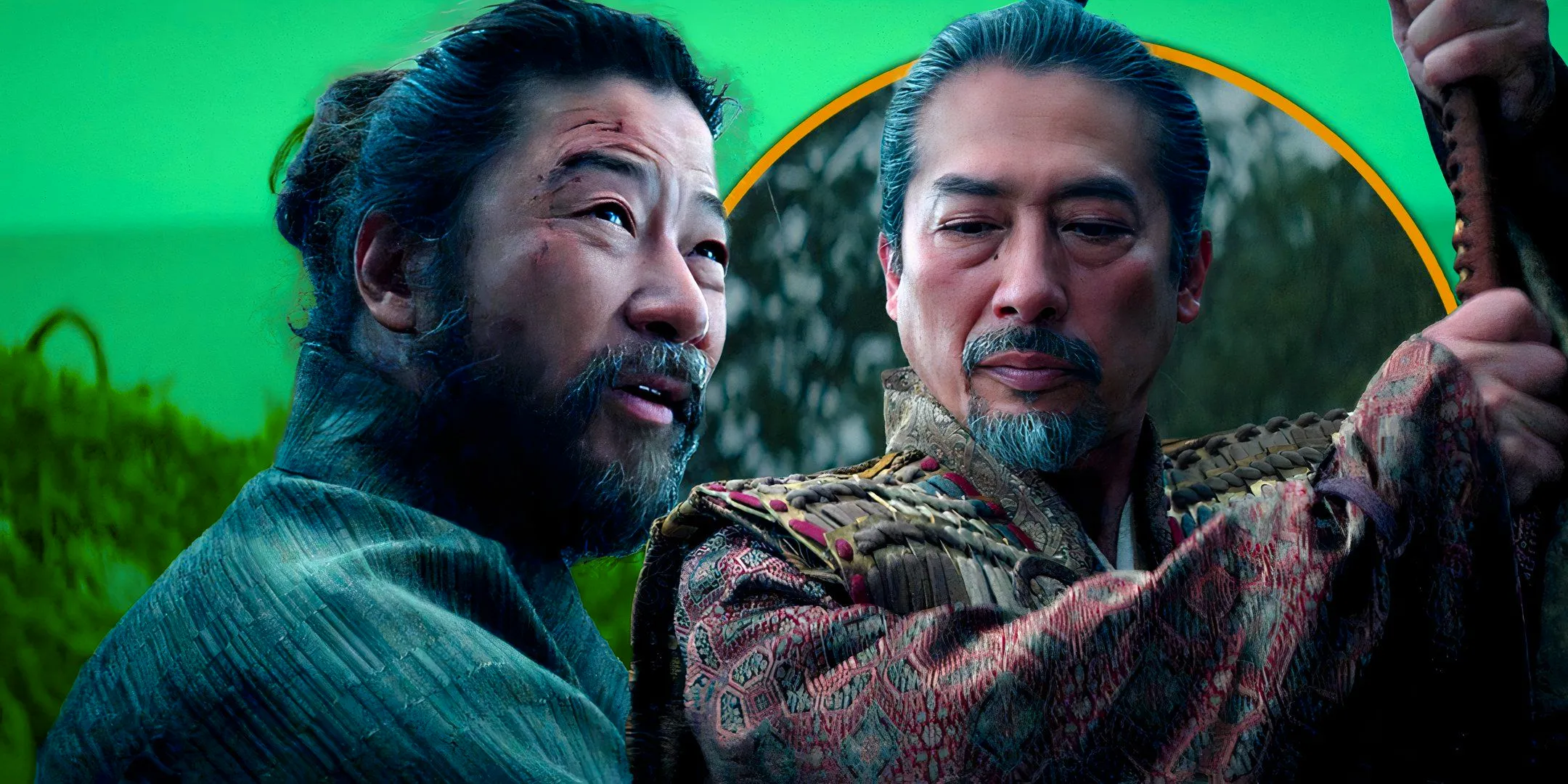 Hiroyuki Sanada as Toranaga raising his sword and Tadanobu Asano as Yabushige looking up at him in Shogun episode 10 Exclusive header Image