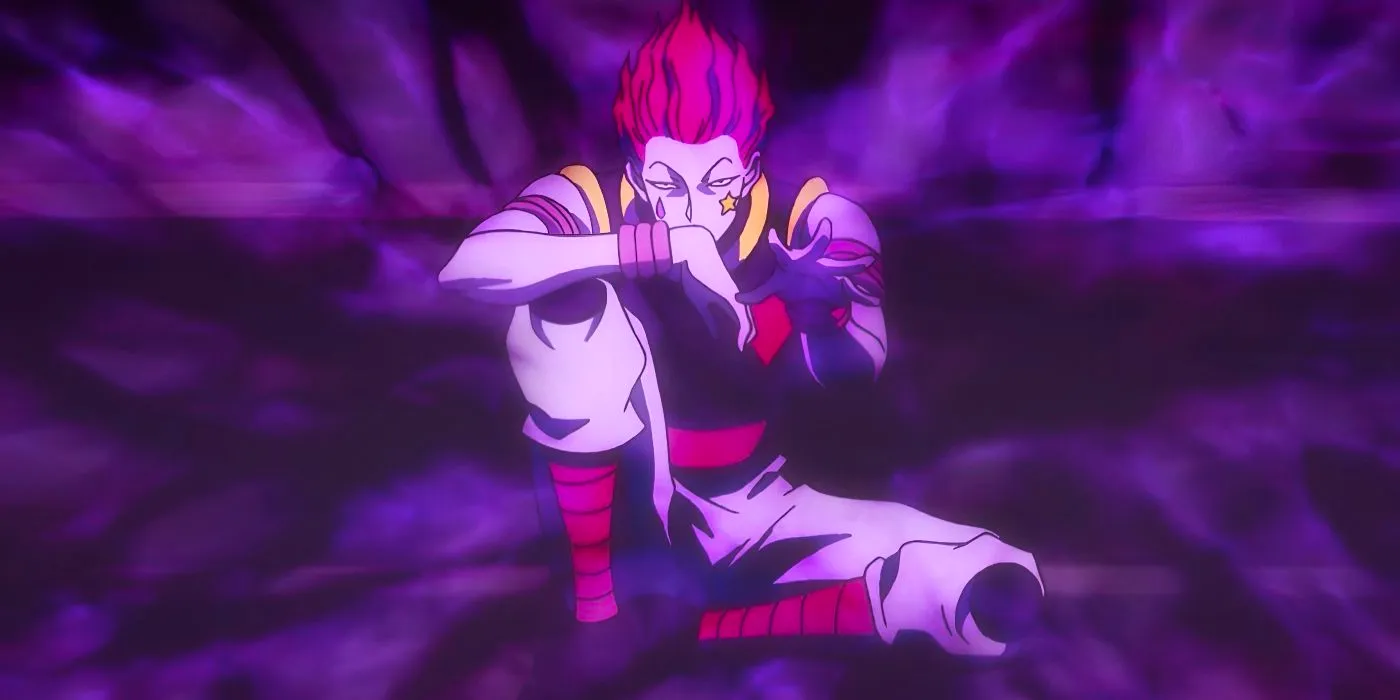 Hisoka exudes malice through his En in order to prevent Gon and Killua from proceeding to the 200th floor of Heavens Arena in Hunter x Hunter. Image