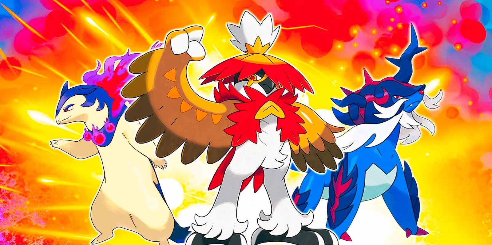 Hisuian Samurott, Hisuian Decidueye, and Hisuian Typhlosion pose next to each other with an explosion behind them. Image