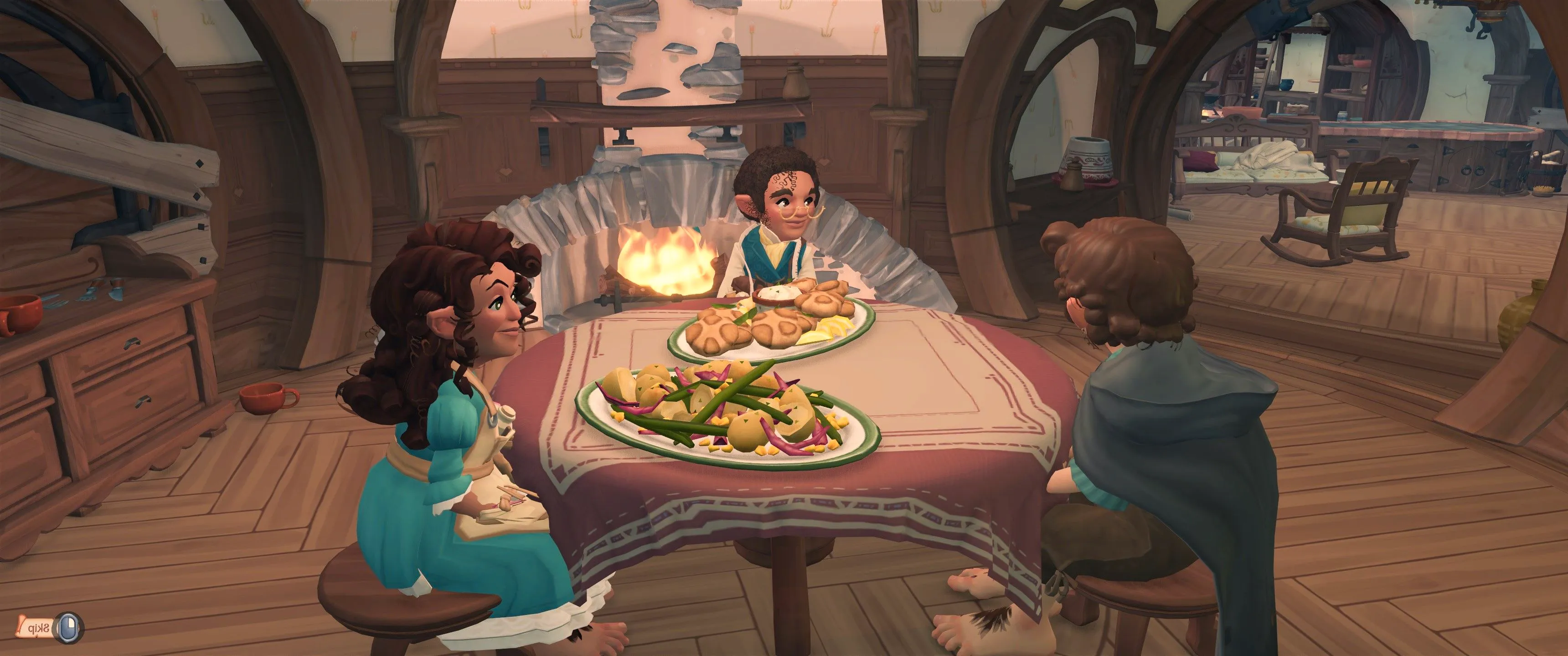 Hobbits eating a meal at a round table inside a home in Tales of the Shire. Image