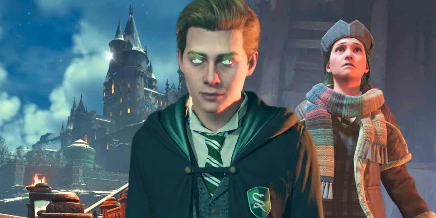 Hogwarts Legacy's Ominis Gaunt with green glowing eyes between a player character looking scared and a shot of Hogwarts at nighttime in the background. Image