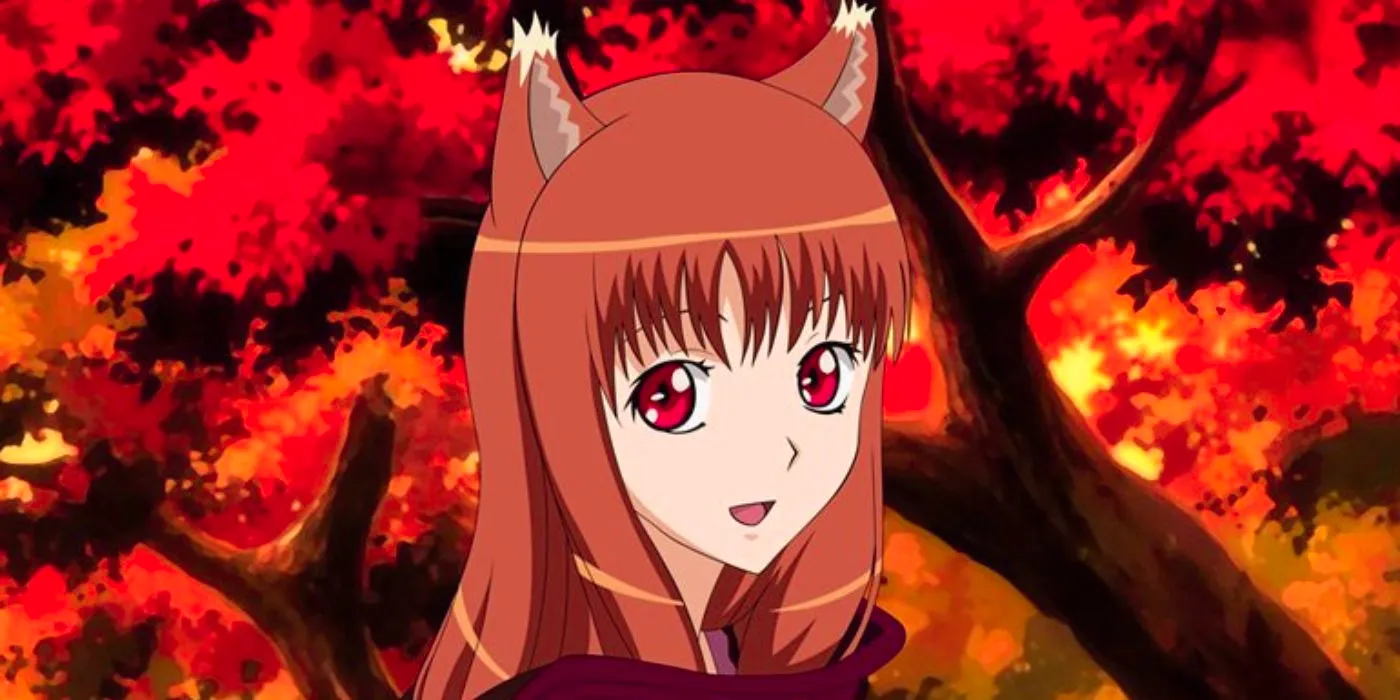 Holo from Spice and Wolf with autumn leaves behind her Image