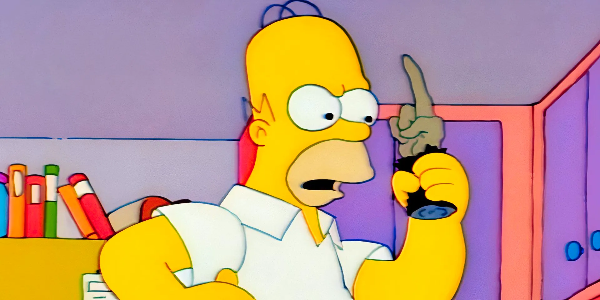 Homer holding up a hand statue in Simpsons Treehouse of Horror II Image