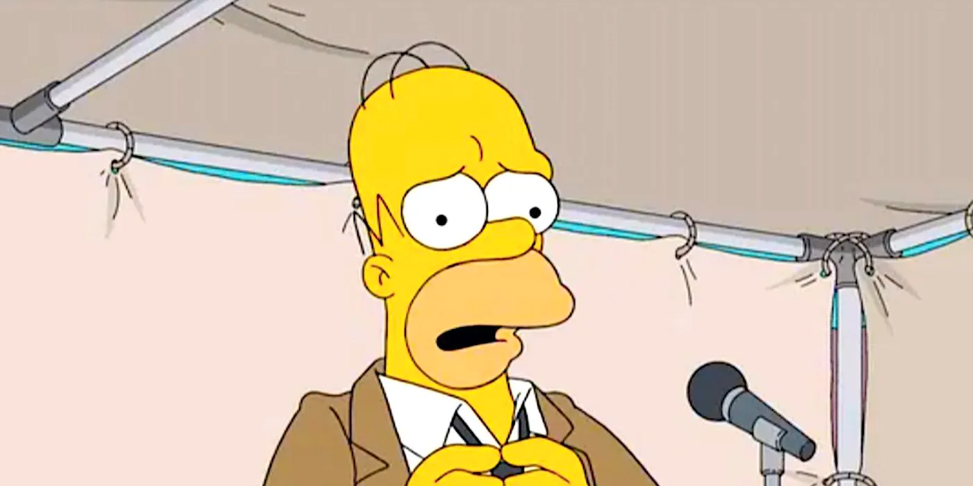 Homer Simpson looking worried as he speaks into a microphone in a tent from The Simpsons Image