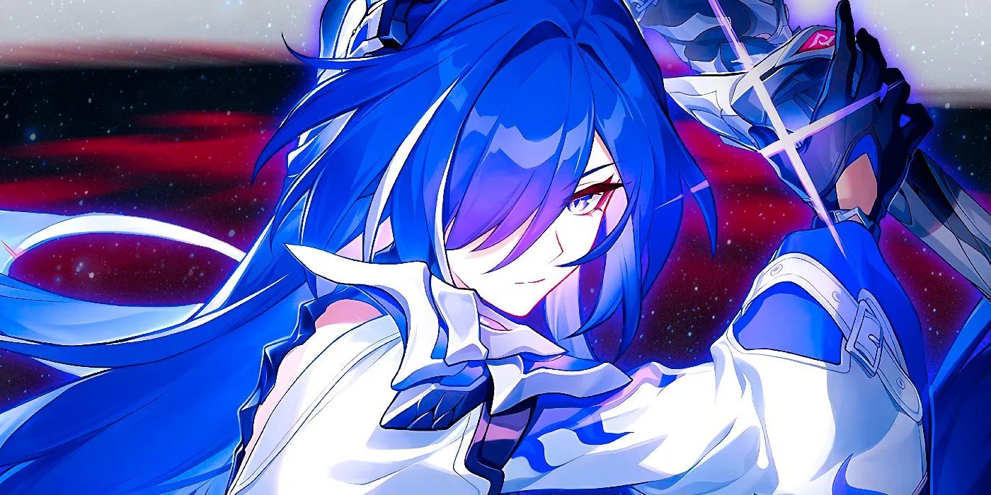 Honkai Star Rail's Acheron is unsheathing her sword with a red effect in the background. Image