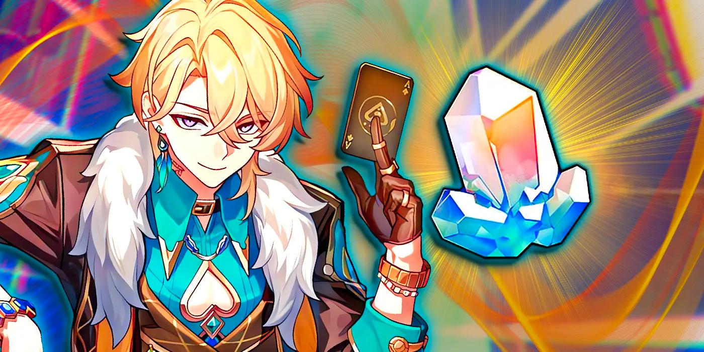 Honkai Star Rail's Aventurine holds a card between his fingers as a Stellar Jade floats next to him. Image