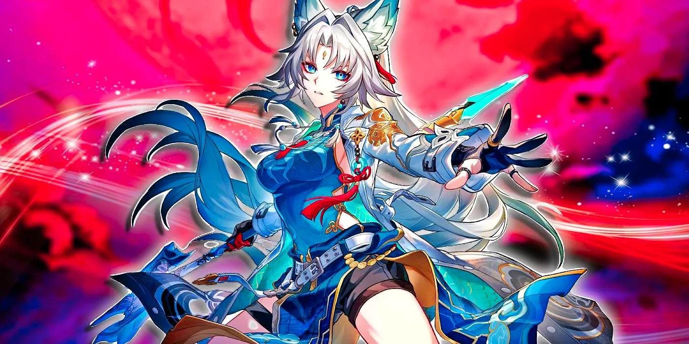 Honkai Star Rail's Feixiao looks serious as she extends her arm forward against a red moon. Image