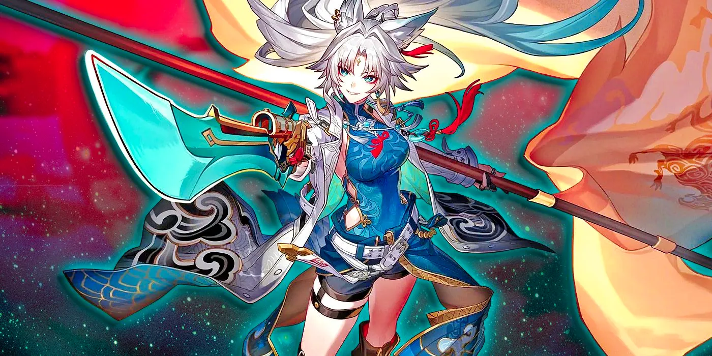 Honkai Star Rail's Feixiao points her gunblade upward as she smiles. Image