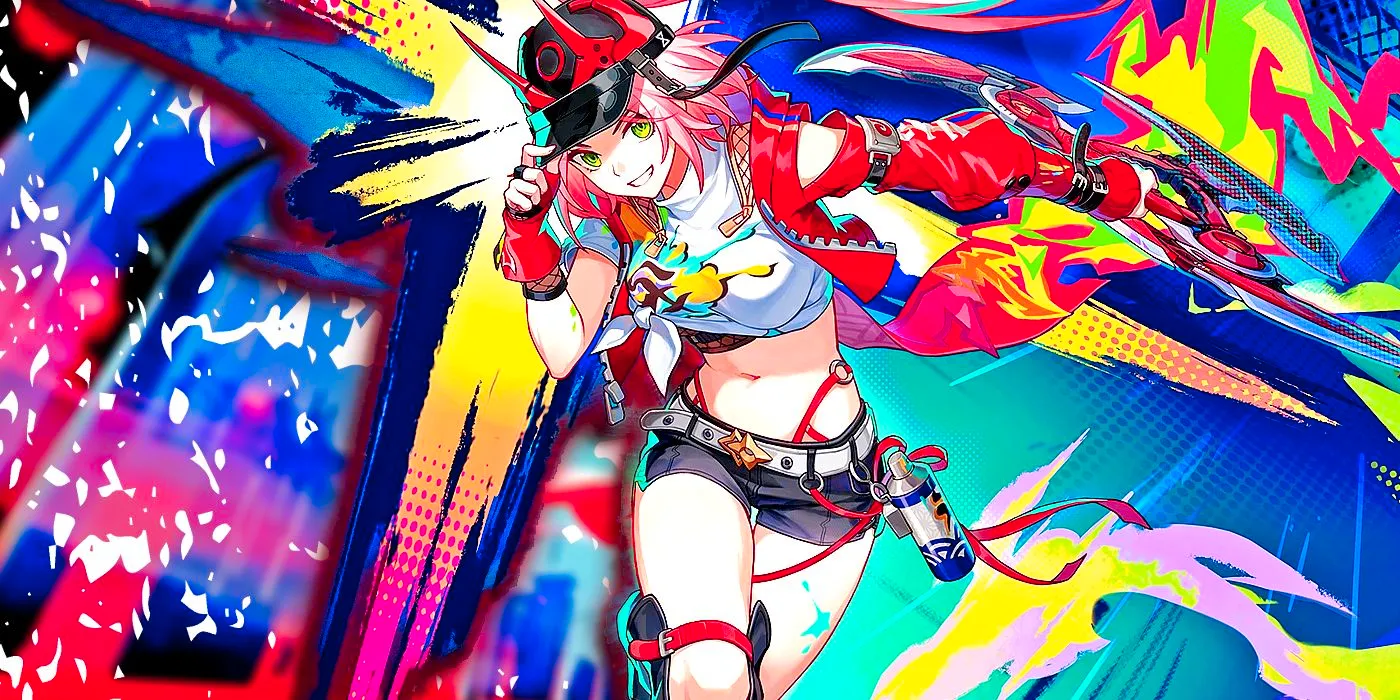 Honkai Star Rail's Rappa poses with her shuriken as a graffiti effect forms behind her. Image