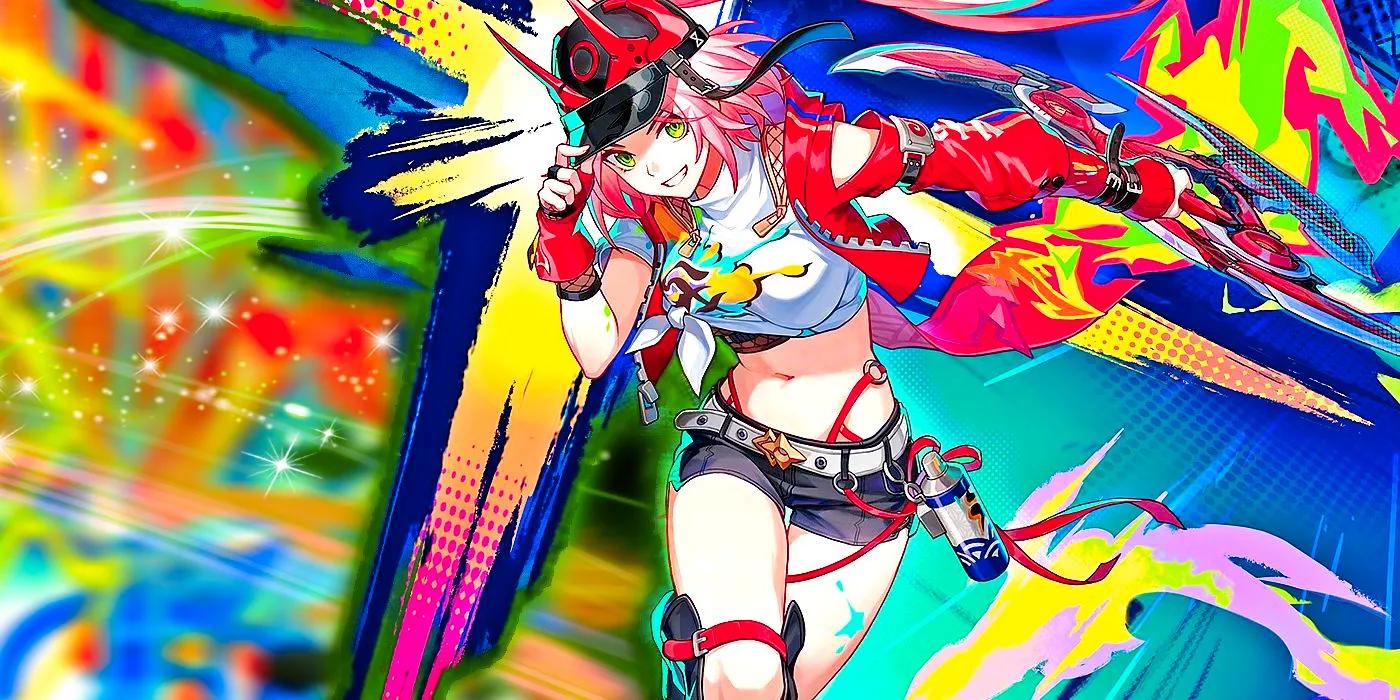 Honkai Star Rail's Rappa smiles holding her shuriken, as graffitii colors the background. Image