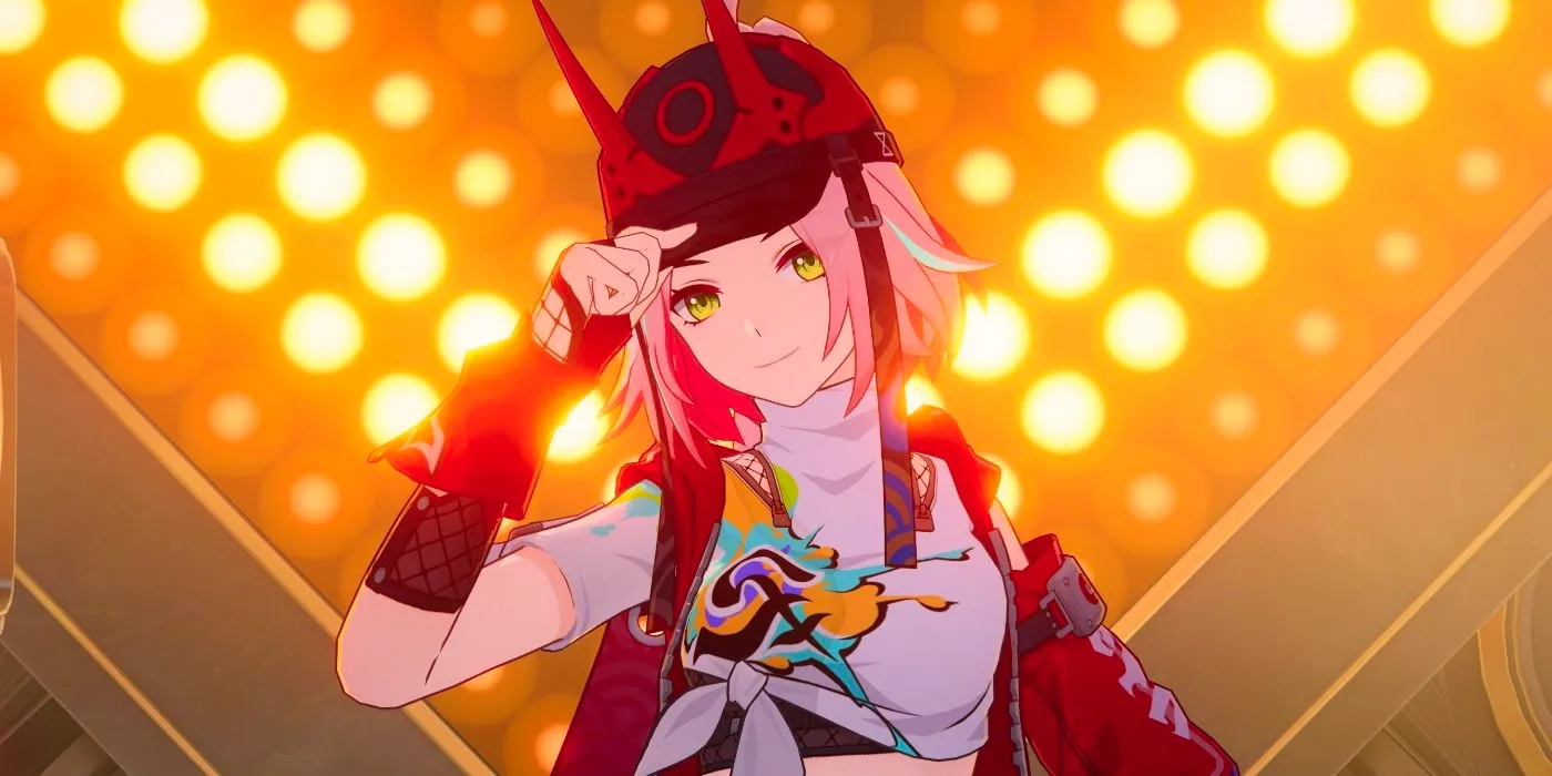 Honkai Star Rail's Rappa strikes a pose while holding onto her hat. Image