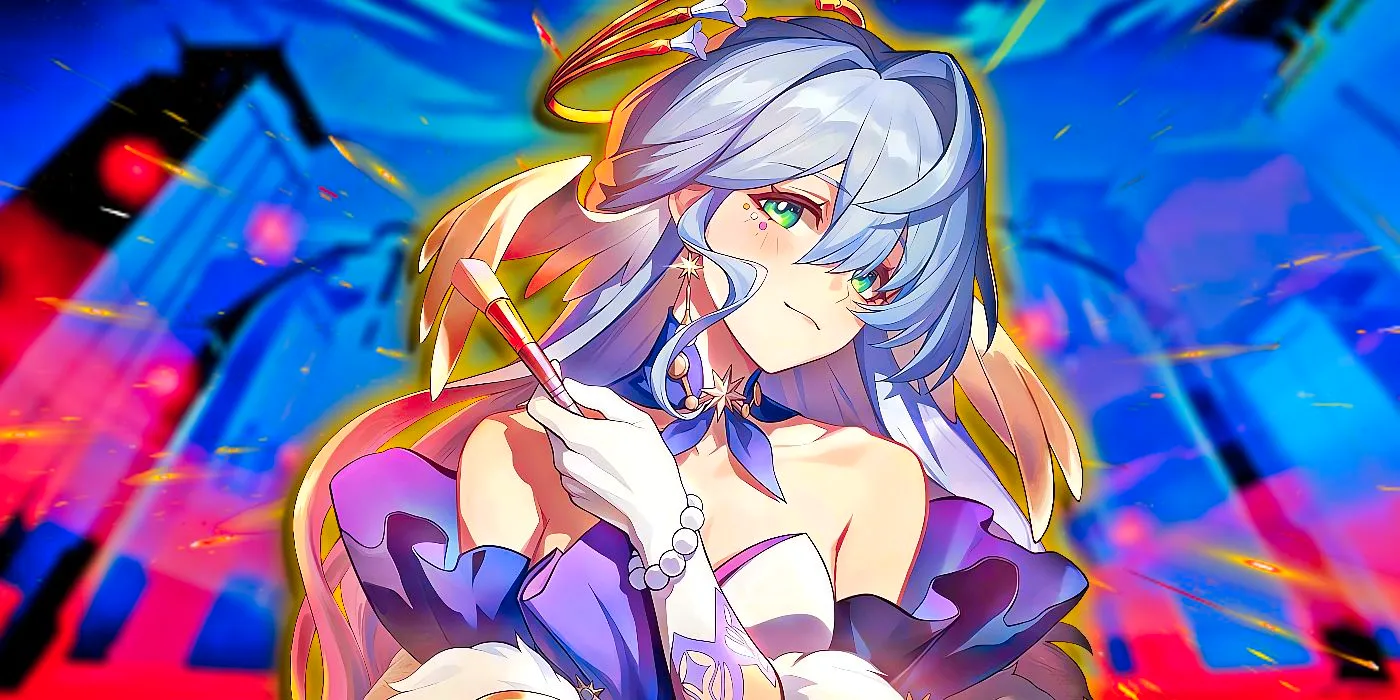 Honkai Star Rail's Robin gently poses while holding a makeup brush in her hand. Image